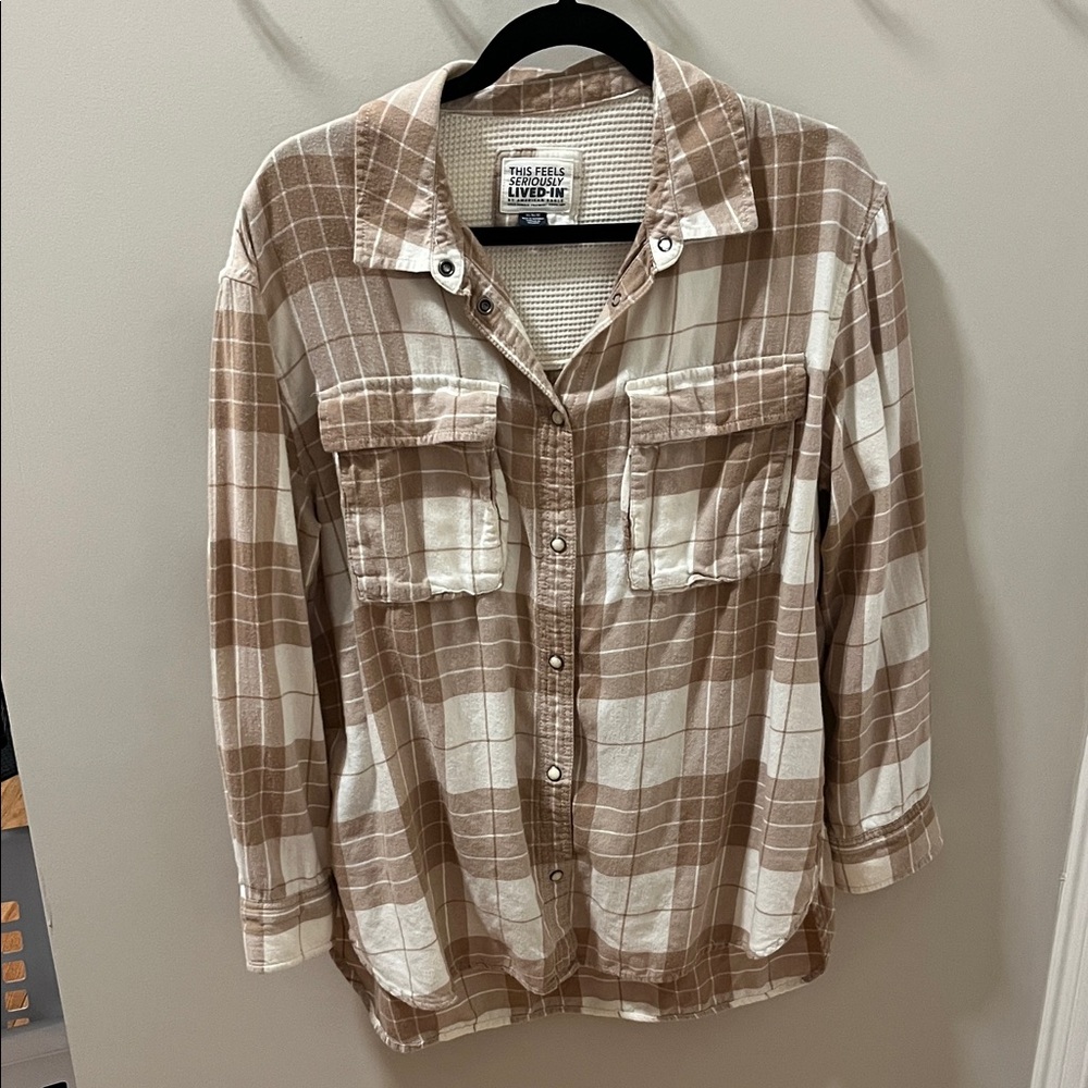 American Eagle Outfitters Brown and White Plaid Button Down Shirt